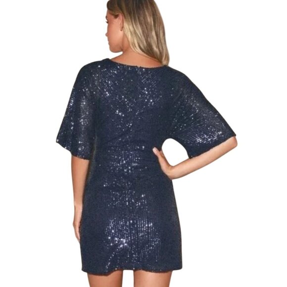 Lulus NWT Weekender Navy Blue Faux Wrap Sequin Mini Dress Size L - Picture 4 of 11